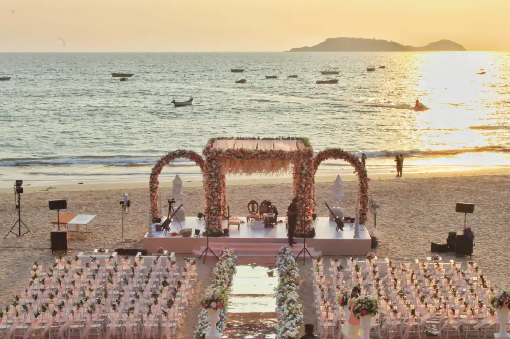 Beach Wedding Setup at Sunset - Goa Villagio Beachfront Wedding Venue in South Goa